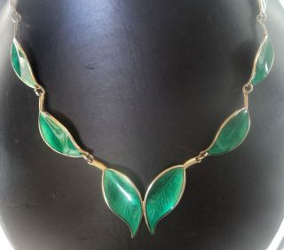 Norwegian Sterling Silver & Green Enamel Leaf Necklace - David Andersen Norway