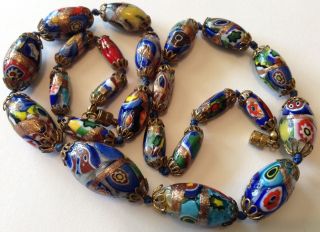 Art Deco Murano Venetian Millefiori Aventurine Glass Bead Necklace C9