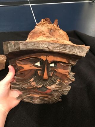 Old Man face wooden carving with hat antique 2