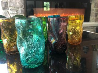 6 Vtg Blenko Mid Century Modern HandBlown Pinched Crackle Art Glass 6” Tumblers 2