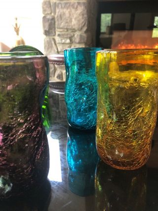 6 Vtg Blenko Mid Century Modern HandBlown Pinched Crackle Art Glass 6” Tumblers 4