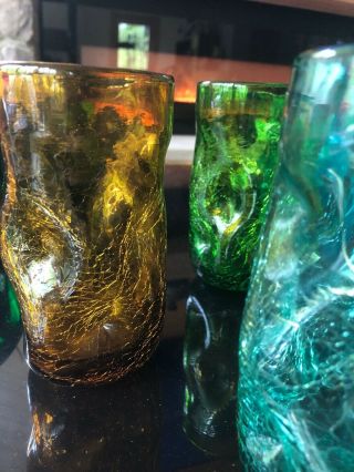 6 Vtg Blenko Mid Century Modern HandBlown Pinched Crackle Art Glass 6” Tumblers 6