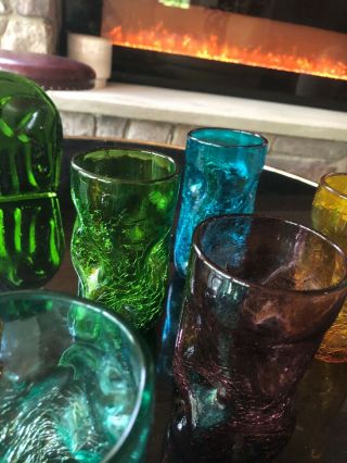 6 Vtg Blenko Mid Century Modern HandBlown Pinched Crackle Art Glass 6” Tumblers 7