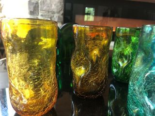 6 Vtg Blenko Mid Century Modern HandBlown Pinched Crackle Art Glass 6” Tumblers 8