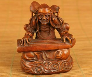 Old Boxwood Hand Carved Buddha Prince Of The Devils Play Piano Statue Decoration