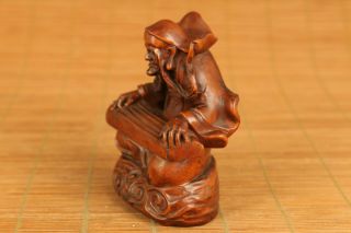 old boxwood hand carved buddha Prince of the Devils play piano statue decoration 4