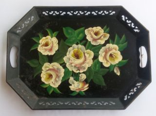 Vintage Meduim Black Tole Toleware Hand Painted Floral Metal Tray 18 " Table Tray