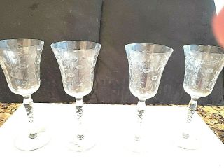4 Antique Vintage Etched Crystal Glass Water Goblets Floral/ Leaf 8 1/2 " High