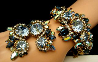 Rare Vintage Signed Alice Caviness Blue Rhinestone Bracelet & Earring Set A54