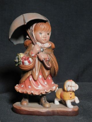 Vintage 4.  25 Inch Anri Carved Wood Figure Statue Girl Dog Umbrella Sarah Kay
