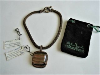 Vintage Stephen Dweck Signed Cabochon Necklace,  Bronze Mesh Chain,  Toggle Clasp