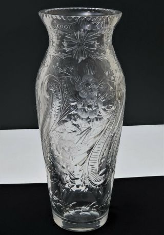 Huge Antique American Brilliant Period Cut Rock Crystal Vase Engraved Flowers