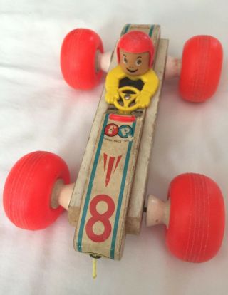 Vintage 1965 Fisher Price Bouncy Racer Pull Toy 8 Made In Usa Wooden Race Car
