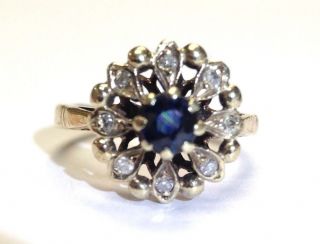 Antique English Hallmarked 10k Gold Sapphire Diamond Halo Flower Ring Size 4