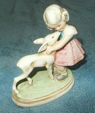 Vintage Carl Scheidig Sweet Porcelain Figurine Of Girl With Young Deer Gdr