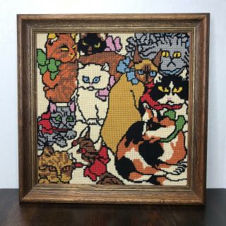 Vtg Needlepoint Cats Tapestry Picture Completed Kitty Crazy Cat Lady Evil Art
