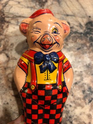 Vintage 1930s J Chein & Co Tin Litho Wind Up Toy Walking Winking Pig Usa