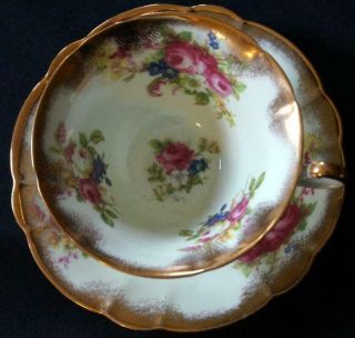 Eb Foley England Wide Tea Cup And Saucer Roses Gold Trimmed Edge