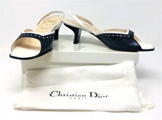 Vintage Christian Dior Navy Blue White Sandals Slingbacks Cuban Heels Size 37 7