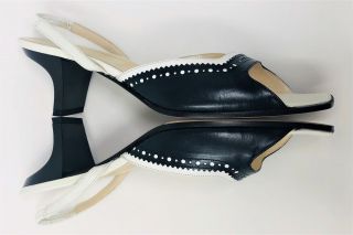 Vintage Christian Dior Navy Blue White Sandals Slingbacks Cuban Heels Size 37 7 4