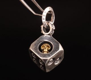 Limited Edition Rare 925 Silver Hand - Carved Skull Dice Statue Necklace Pendant