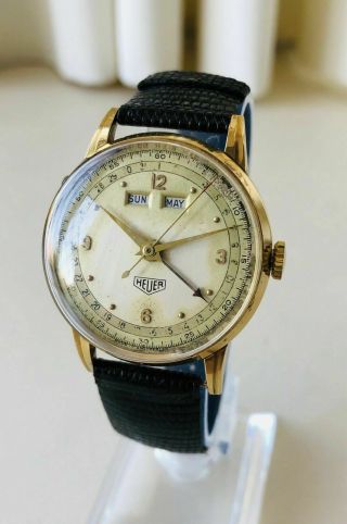 Rare,  Vintage & Old 1953 Heuer Solid 18K Gold Triple Date Calender Men’s Watch 5