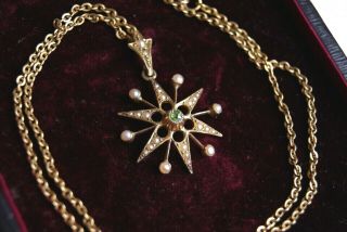 Fine Antique Edwardian 15ct Gold Peridot Seed Pearl Starburst Pendant 9ct Chain
