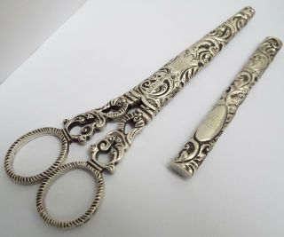 Large Antique 1887 Solid Silver Sewing Scissors & Sheath With Needle Case