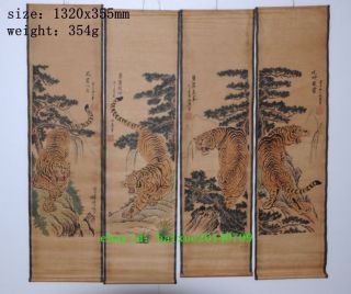 Set 4 Chinese Hand Painted 52 " Paper Scrolls Tiger Cranes Eagle Horses B01