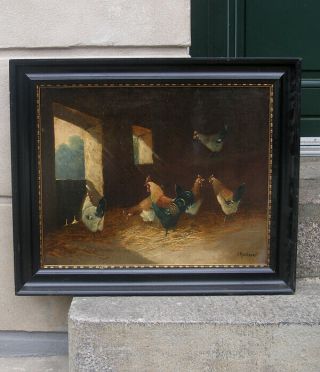 Inside The Chicken Coop.  Fine Antique Salon Oil.  1880.  Signed.