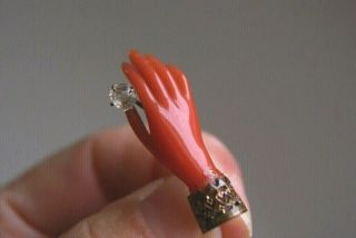 Fine Antique Victorian Gilt Metal Carved Coral Hand & Old Cut Paste Brooch Pin