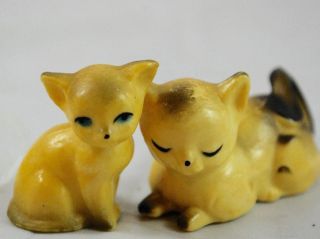 Set Of 2 Vintage Celluloid Cat Figurines - Hand Painted Hard Plastic Hong Kong