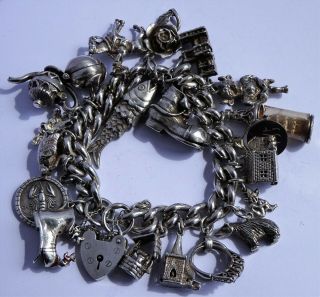 Stunning Vintage Solid Silver Charm Bracelet & 20 Charms.  Nuvo,  Open,  Move.  108.  3g