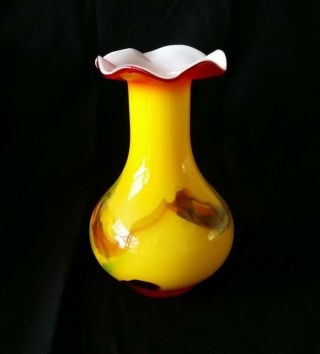 Vintage Retro Glass Multi Coloured Vase Yellow Red And Swirls Of Green
