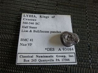 Extremely Rare Lydia Kings Of Croesus 560 - 546 Bc Half Starter Lion/bull Vf 5.  27g