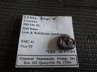 Extremely RARE LYDIA Kings of Croesus 560 - 546 BC Half Starter Lion/Bull VF 5.  27g 2