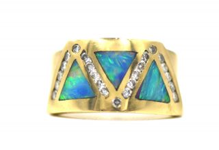 Vintage Modern Black Opal Diamond Geometric Band Ring Modern 14k Yellow Gold