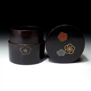 Xo6: Vintage Japanese Lacquered Wooden Tea Caddy,  Natsume,  Flower