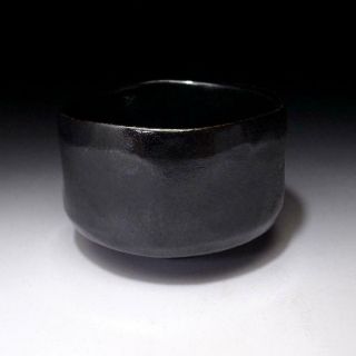 XR3: Vintage Japanese Pottery Tea Bowl,  Raku ware,  KURO RAKU,  Black & red 3