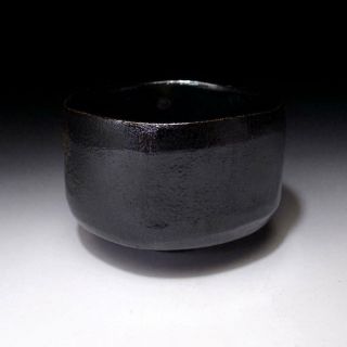 XR3: Vintage Japanese Pottery Tea Bowl,  Raku ware,  KURO RAKU,  Black & red 4