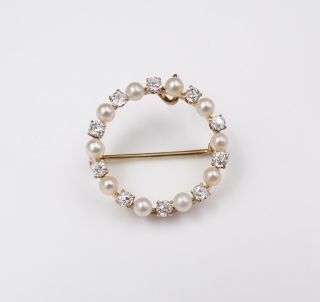 Vintage 14k Yellow Gold Pearl Diamond Open Circle Wreath Pendant Brooch Og190