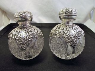 Cased Pair Large Silver & Cut Glass Scent Bottles Birmingham 1907 Henry Mathews