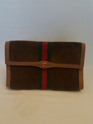 Vintage Gucci Parfums Clutch Bag Suede Leather Brown Perfume Purse 11.  5 " ×7 "