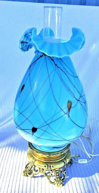 Rare Fenton Barber Hanging Hearts Turquoise Mariners Lamp, .