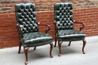 Old Hickory Tannery Chesterfield Leather Tufted Green Chairs Office Vintage Loft
