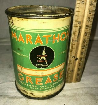 Antique Marathon Grease Tin Litho Can Vintage Runner Gas Oil Station Tulsa Ok