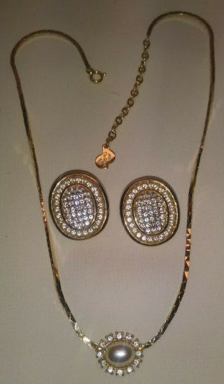 Vtg Christian Dior Necklace Choker Clip Earrings Goldtone Rhinestones Faux Pearl