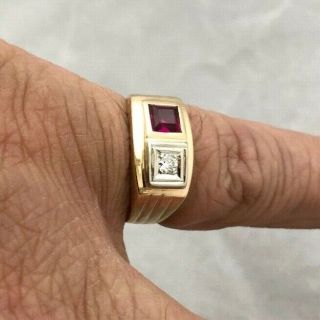 Deco 1930s Vintage Estate 14k Yellow Gold Mens.  12ct Diamond Ruby Simulant Ring