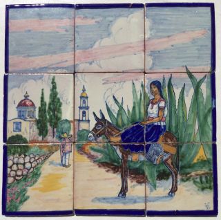 Finest Rare Vtg Ysauro Uriarte Mexican Hand Painted Tiles Signed Girl Church