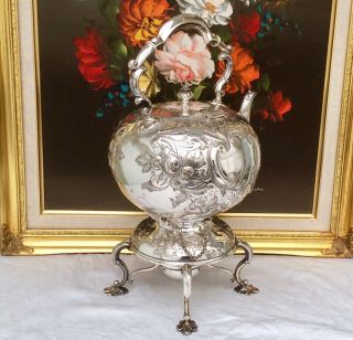 Fabulous Victorian Repousse Silver Plated Spirit Kettle MARTIN HALL & Co C1855 3